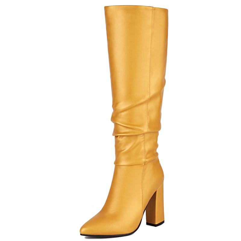 Pleated Women's Knee High Boots Block Heel Party Winter Shoes Lady Footwear Big Size Luxury Blue Yellow Green Western Long Boot
