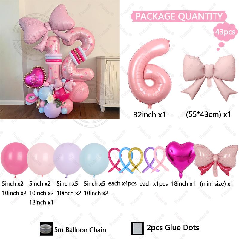 43PCS Pink Bow Theme Bouquet Balloon Set with 32inch Pink Number Girl First Birthday Party Decoration Baby Shower Helium Globos