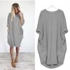 Women Casual Solid Color O Neck Long Sleeve Pockets Knee-length Baggy Dress