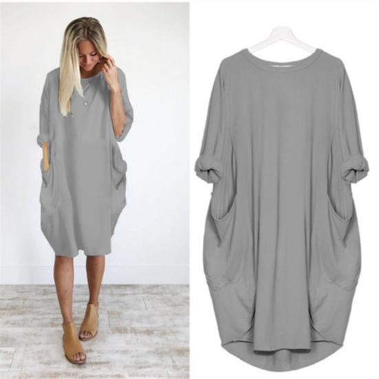 Women Casual Solid Color O Neck Long Sleeve Pockets Knee-length Baggy Dress