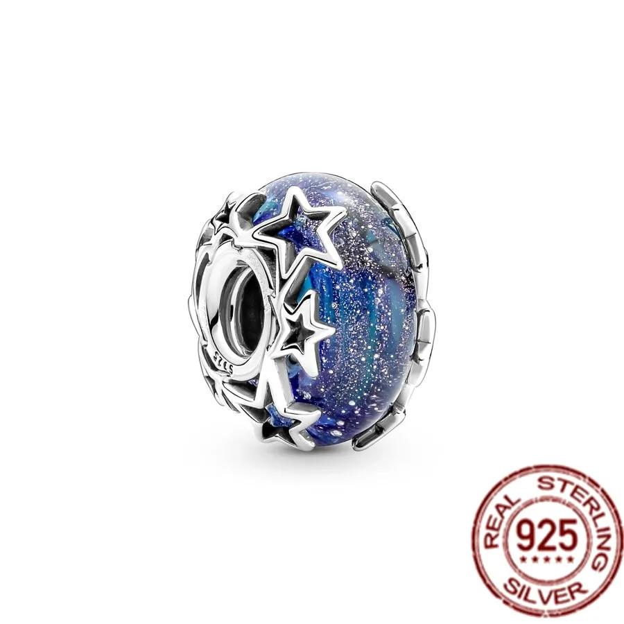925 Sterling Sølv Rosa Lilla Mørkeblått & Star Murano Glass Charms Perler Passer OriginalNew Armbånd Bangle DIY smykker