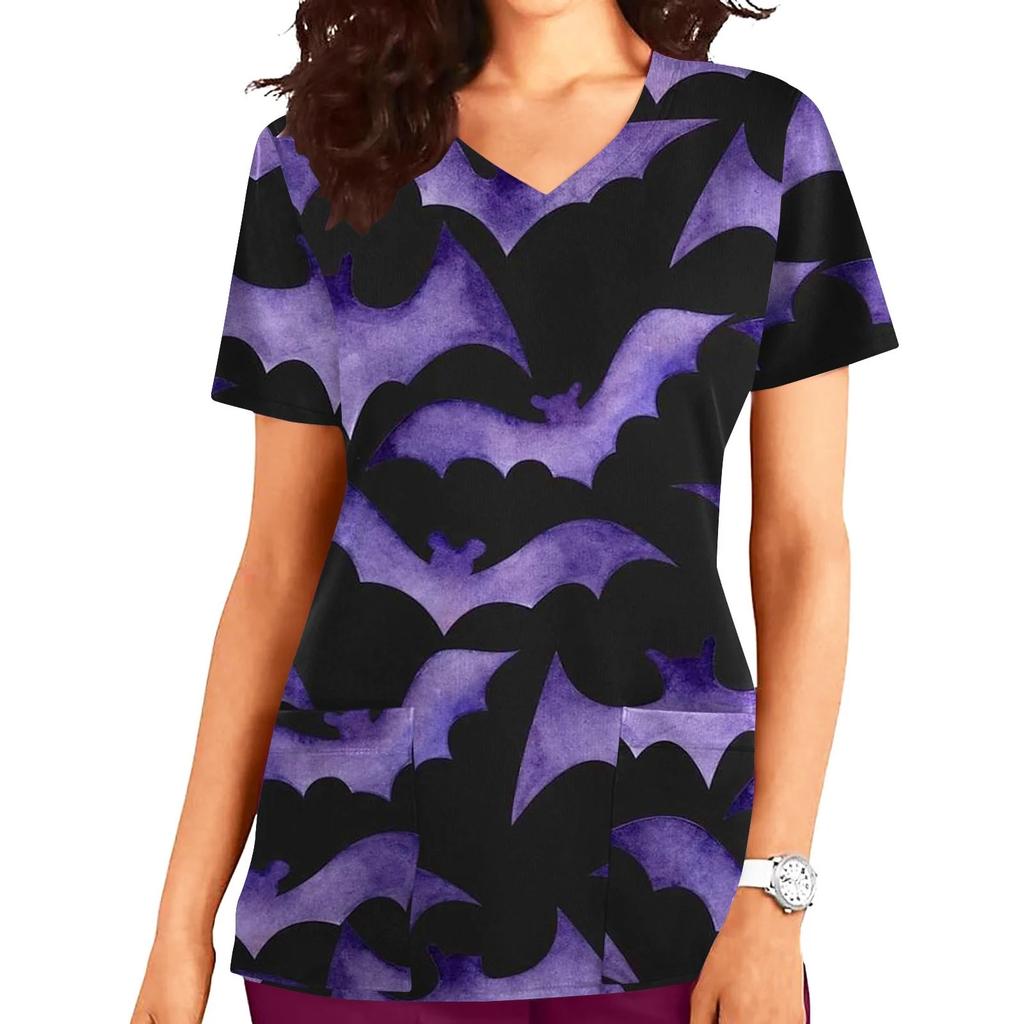 Halloween Womens Nursing Scrub Tops Working Uniform Summer Short Sleeve V Neck Pocket Workwear Blouse T-shirt Loose Nursing Scru