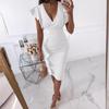 Women's Summer Solid Color Deep V Sexy High Fanny Pack Hip Pleated Ruffled Dress