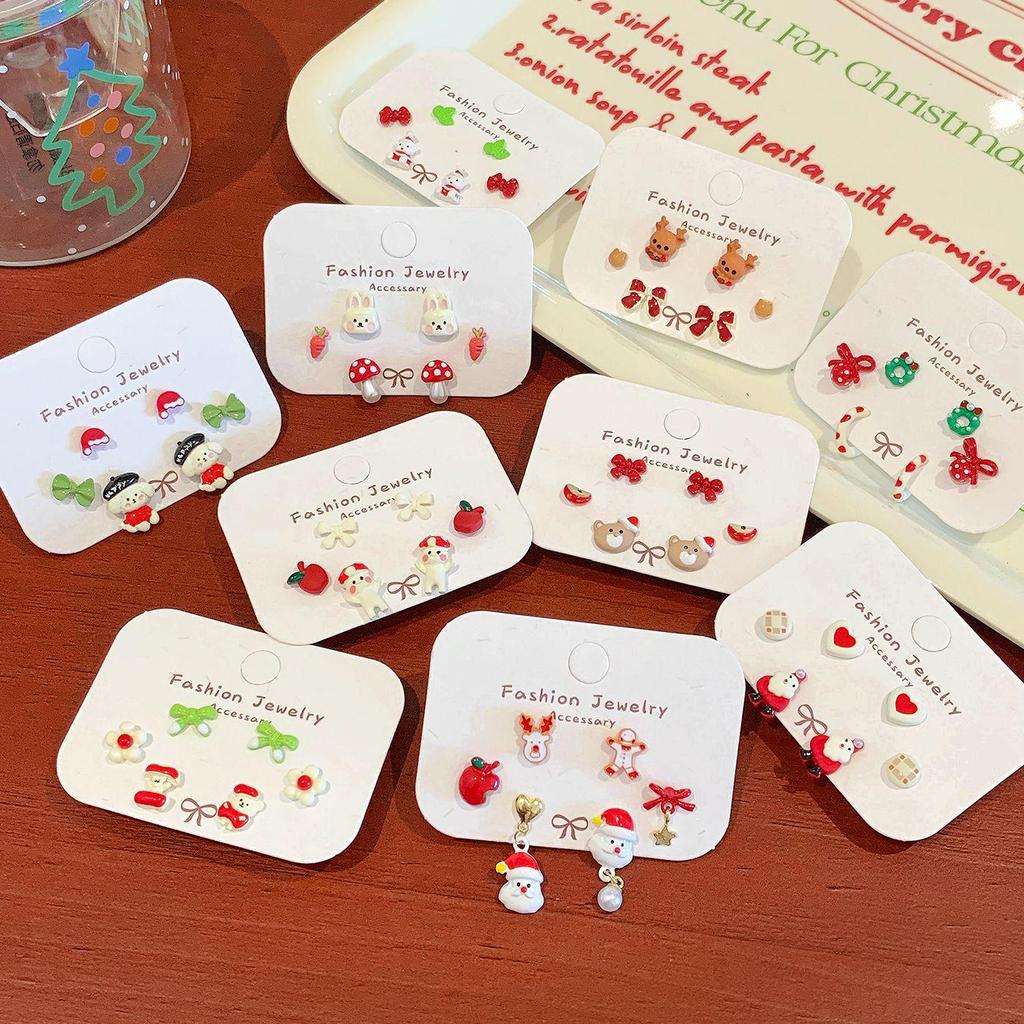 Santa Claus & Reindeer Holiday Stud Earrings - Fun Red Apple, Bell, and Cartoon Designs for Autumn/Winter. Silver Needle, Women's Festive Jewelry Set.