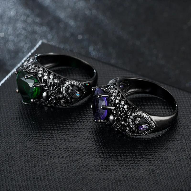 Women Gothic Skull Ring, Black CZ Crystal Inlaid, Retro Silver Plated Band, Dark Fashion Jewelry Gift for Party Wedding
