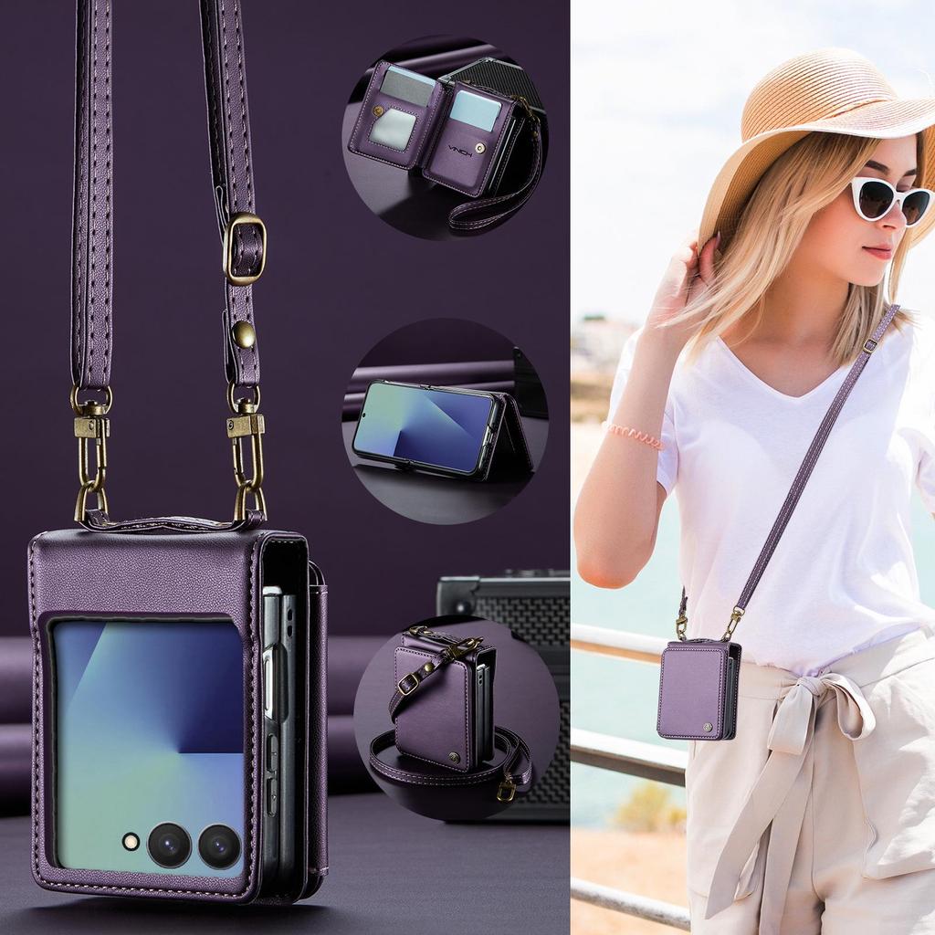 Samsung Galaxy ZFlip7/6/5 Leder Handyhülle mit Umhängeband und Kartenhalter