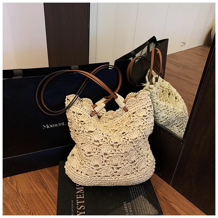 Straw bag handwoven bag rattan bamboo bag vacation beach bucket bag women's shoulder bag