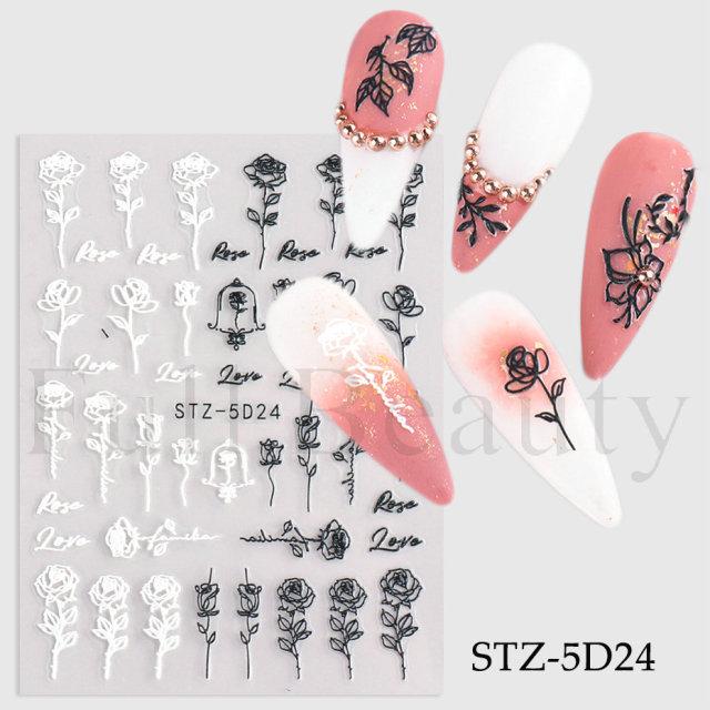 3D Floral Nail Art Stickers: Camellia & Tulip Embossed Adhesive Designs