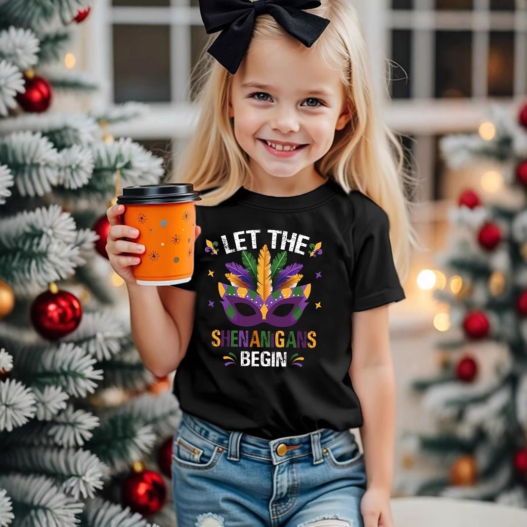 

Girls Leisure Carnival Feather Mask Pattern T-shirt - Summer Children s Fashion Short-Sleeved T-shirt 7-8Y чорний
