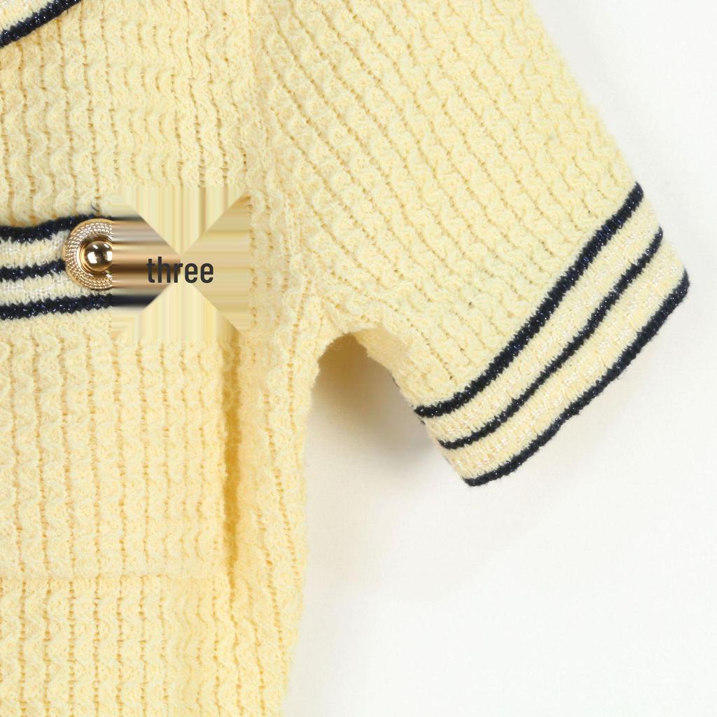 Navy Collar Color Block Striped Knitted Dress: French College Style Spring/Summer Women's Short Sleeve Waist-Hugging Short Skirt