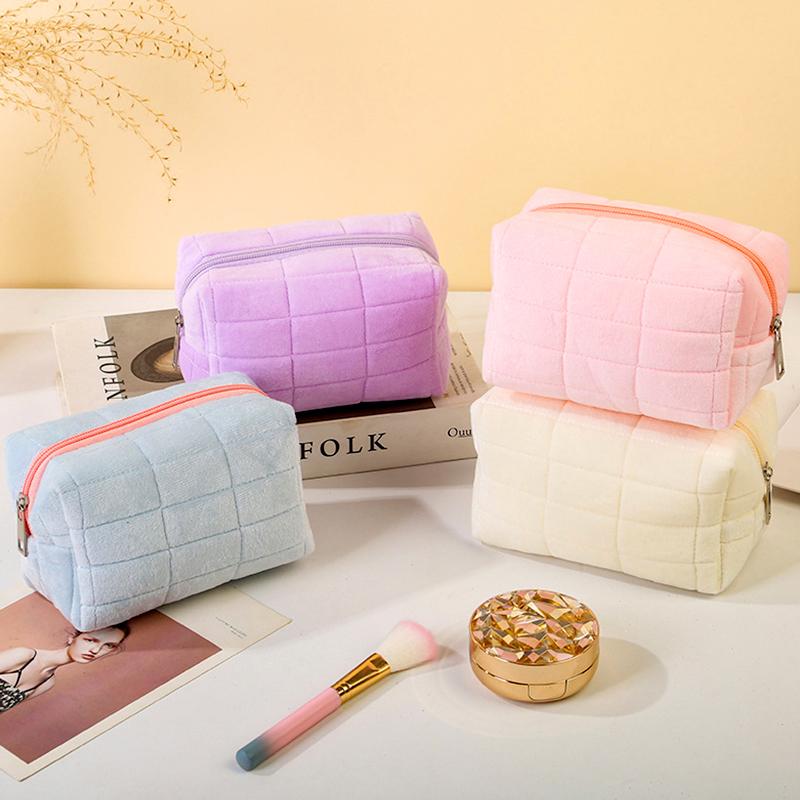 1Pc Cosmetic Travel Fleece Fabric Solid Color Wash Bag Make Up Pouch Storage Case Women's Toiletry Bag