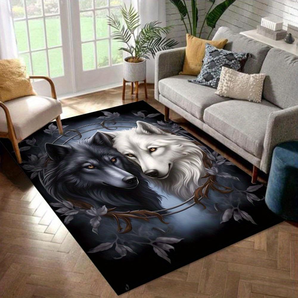 Galaxy Wolf Area Rug - Yin Yang Wolves with Vine Branches, HD Print Soft Touch, Mystical Decor for Living Room & Bedroom
