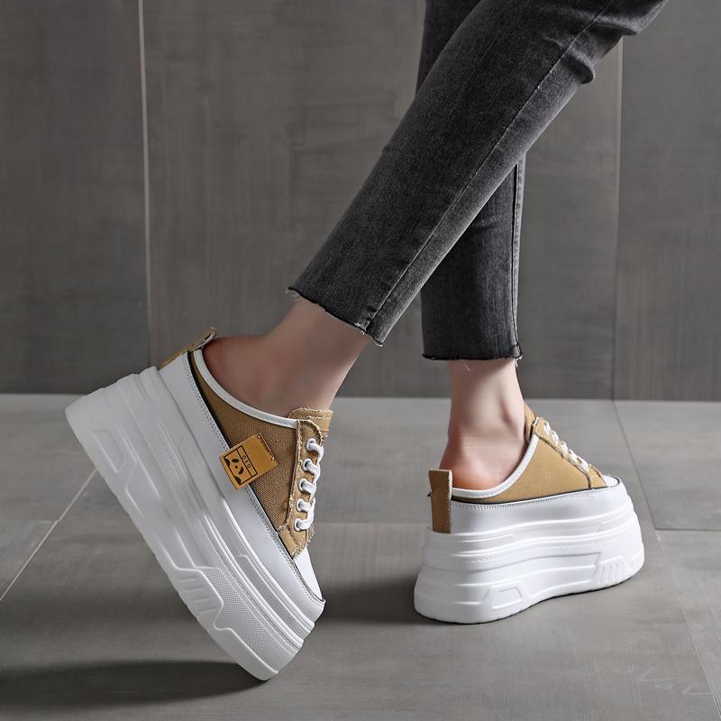 Fashion 12CM Denim Platform Wedge Ladies Comfy High Brand Breathable Summer Bao Toe Slippers Lace Up Chunky Sneaker Casual Shoes