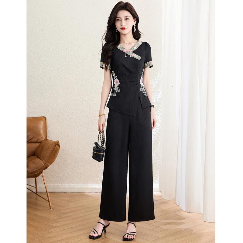 Women s New Chinese Style Retro Print Two-Piece Suit 3XL
