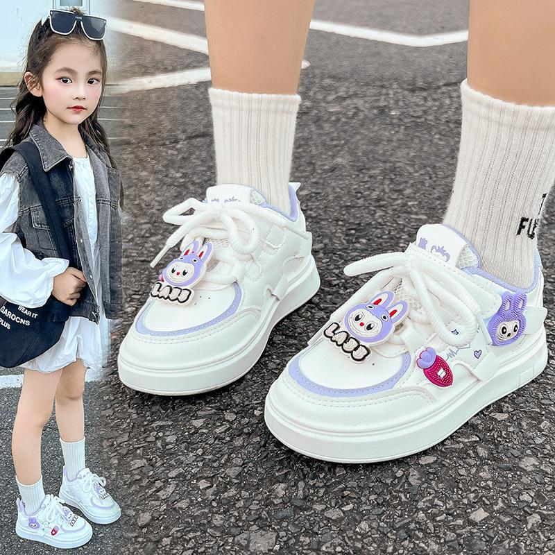 2025 Autumn Girls' Skate Shoes: Soft Sole, Non-Slip, Cartoon Design, Casual White.