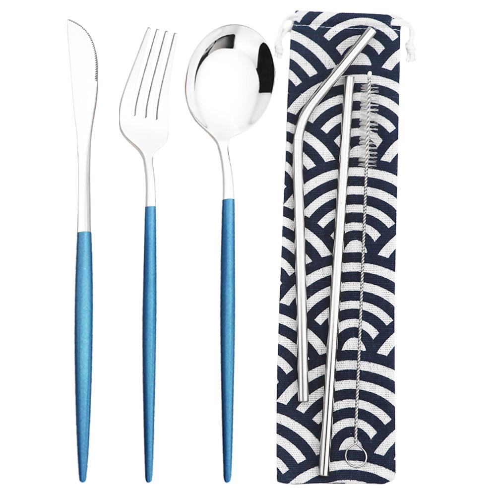 6Pcs Travel Camping Cutlery Set Travel Flatware Set Knife Fork Spoon Straw With Portable Bag Stainless Steel Tableware Set