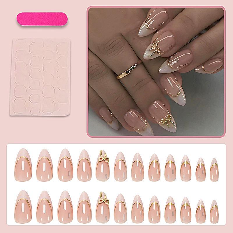 French Bow Press On Nails Almond Shaped Gold Line Nail Tips