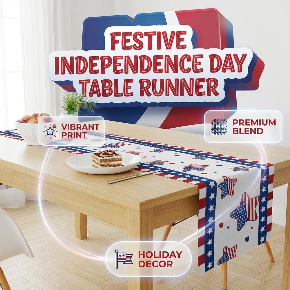 4 juli patriottische tafelvlagdecoratie, 73x13,8 inch linnen met sterrenpatroon, 250e Verjaardag van de VS merchandise, Memorial Day decoratie