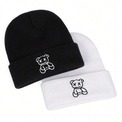 Ladies' Cute Little Bear Cartoon Embroidery Knitted Hat Men Leisure Travel Winter Hats Beanies Cap Hip Hop Caps