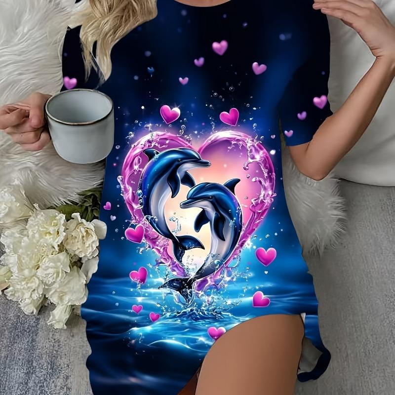 Dolphin and Heart Pattern Women's Pajamas - Comfortable Short-Sleeve Round Neck Valentine's Day T-Shirt Dress