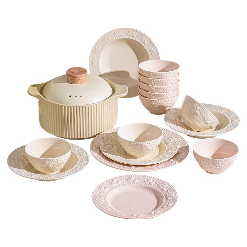 KANGMO Embossed Rose Ceramic Dinnerware Set 18-piece