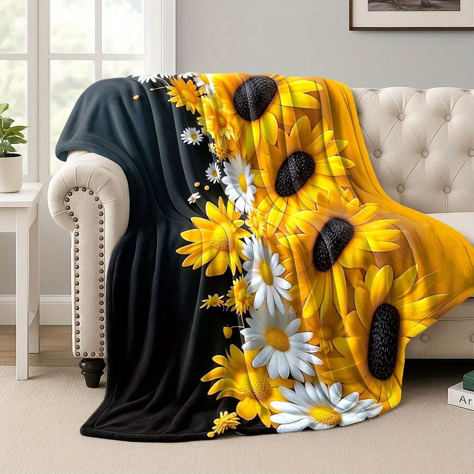 VIKAMA Black Gold Sunflower Flannel Throw Blanket Lint-Free Lounge Blanket Afternoon Tea Gift Bedroom Throw