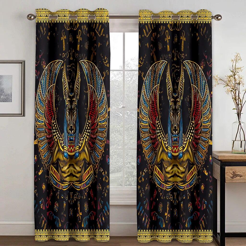 Ancient Egyptian Pharaohs Retro Baroque 2PCS Thin Shading Drapes Window Curtain For Living Room Bedroom Decor W50xH130(CM)x2PCS-Rod pocket