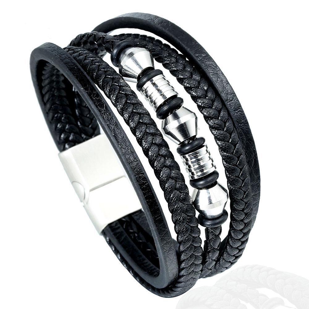 Stainless steel leather rope bracelet, men s multi-layer woven leather bracelet, magnet buckle bracelet