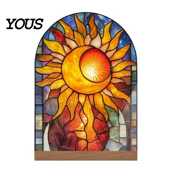 Stylish Interior Ornament Stained Glass Style Acrylic Table Centerpieces, Floral & Landscape Pattern Durable Desk Tabletop Sign with Wood Base