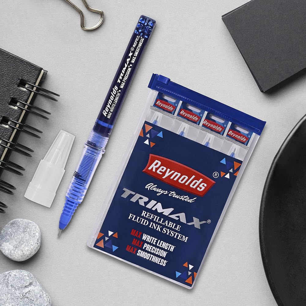 REYNOLDS TRIMAX Rollerball Pen Refills Set Pack of 1 X  4 Refills Blue 0.5 Mm Tip for Office, School & Home Writing