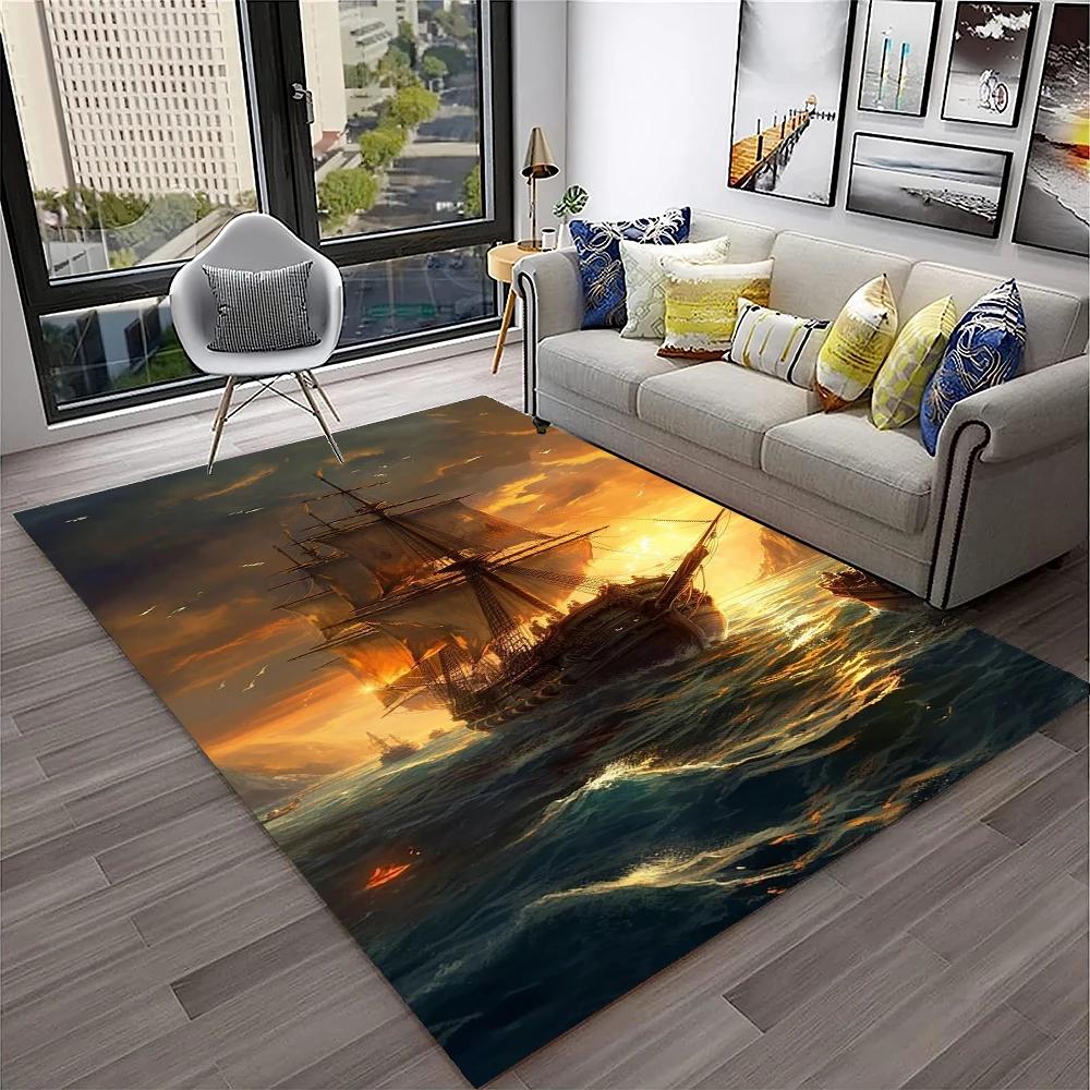 3D Piratenschiff Boot, Bark, Segelboot Teppich für Zuhause Wohnzimmer Schlafzimmer Sofa Fußmatte Dekor, Kinderbereich Teppich Rutschfeste Bodenmatte