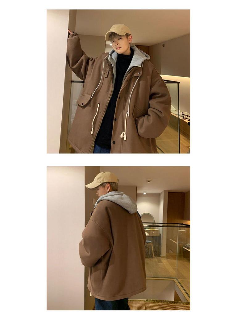 Men's Korean Style Woolen Cotton Winter Jacket - Trendy, Thickened, Loose Fit, Two-Piece Windbreaker, Retro Hong Kong Style