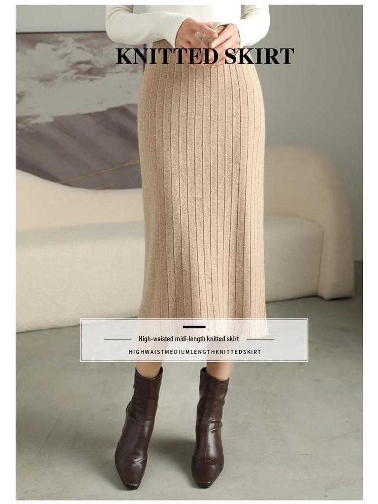 Women's Slim Fit Vertical Stripe Wool Midi Skirt - Versatile Cashmere Knit