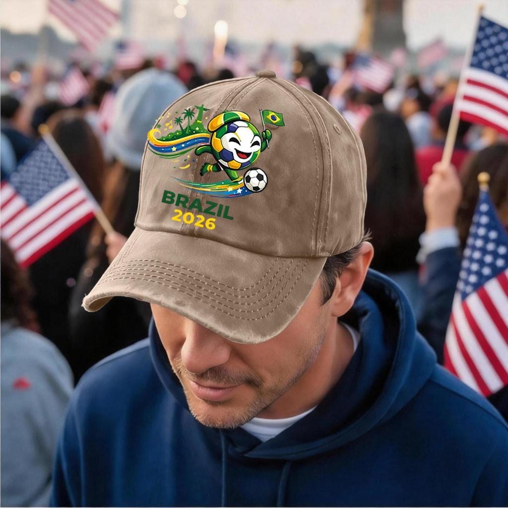 Unisex Vintage Washed Baseball Cap Soccer Fan Hat Embroidered Brazil 2026 Logo Adjustable Strap Back Supporter Headwear