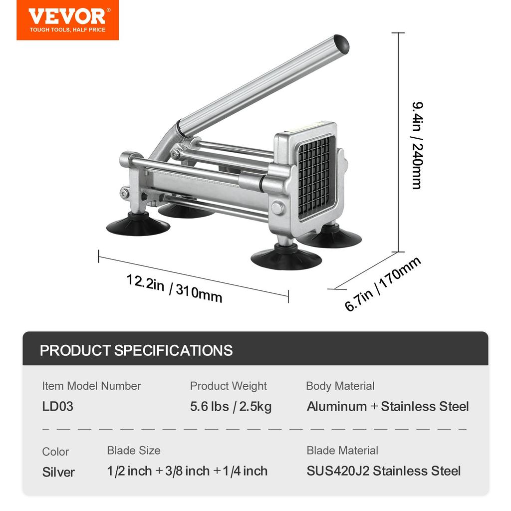 VEVOR French Fry Cutter, Potato Slicer with 1/2" 3/8" 1/4" Stainless Steel Blades, Manual Potato Cutter Chopper with Suction Cups