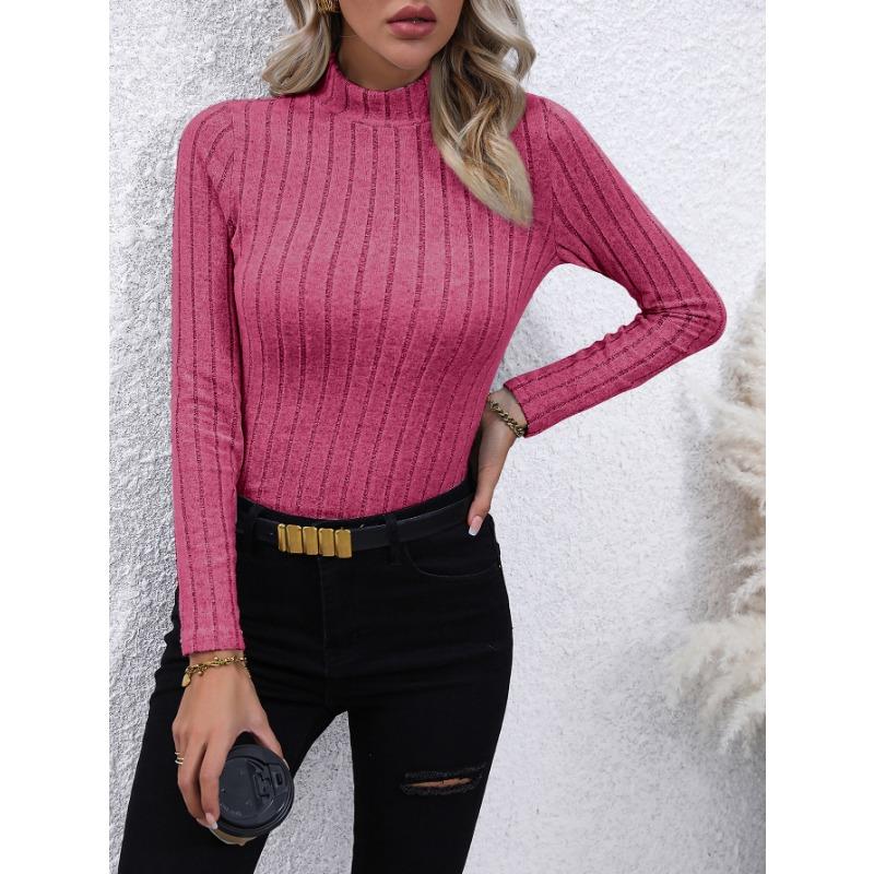 Solid Color Faux Neck Ribbed T-Shirt, Elegant Long Sleeve Slim Fit Hundred Tops for Women