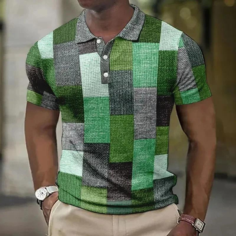 Trendy geometric pattern short-sleeve polo shirt, great for casual daily wear.