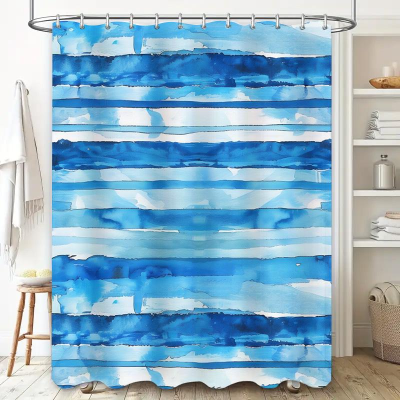 Blue Watercolor Striped Shower Curtain Waterproof Bathroom Decor for Home Hotel Modern Blue Stripe Bath Mat Set with Hooks (36x7