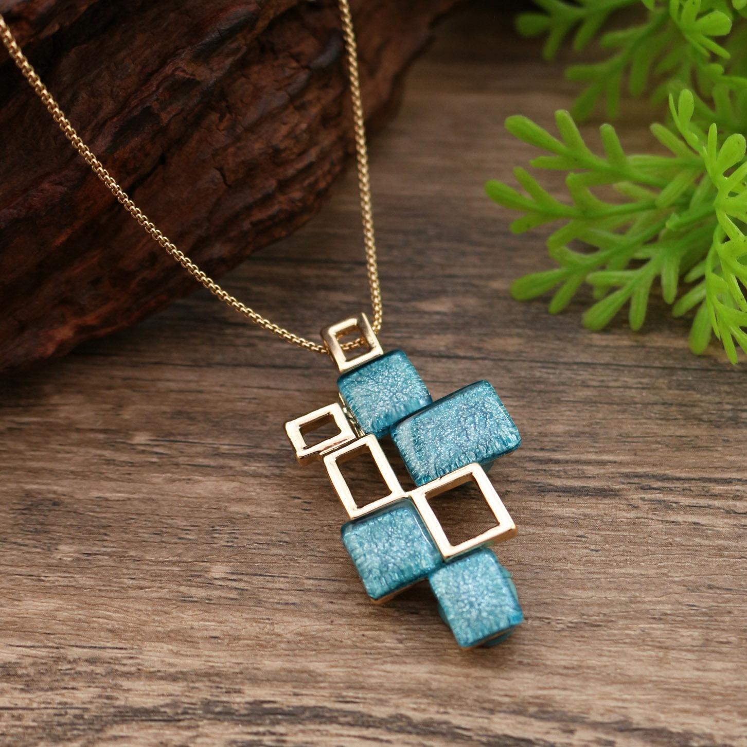

New geometric square blue marble pattern small pendant women s fashion simple irregular square necklace