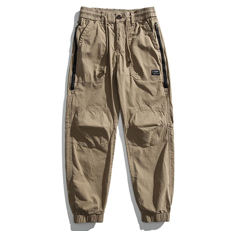 

Spring and Autumn Men s Fashion Brand Retro Loose Multi-pockets Drawstring Top Overalls Washed Pure Cotton All-Match Sports Casual Trousers Khaki 33