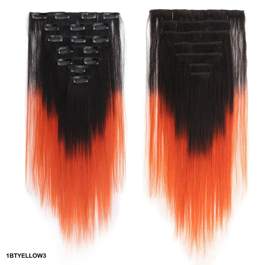 Extensii de Păr cu Clips 7 Bucăți cu 16 Clipsuri Păr Scurt Drept Piese de Păr Culoare Ombre Negru Portocaliu
