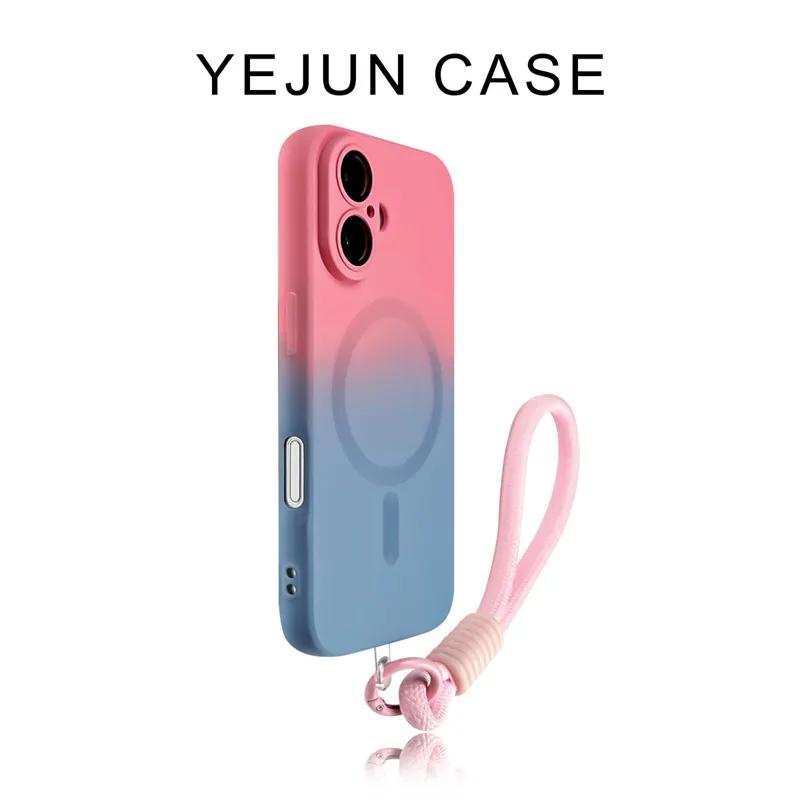 Luxury Magsafe Wireless Charge With Lanyard Gradient Phone Case For iPhone 15 11 12 13 14 16Pro Max Plus Soft  Silicone Cover