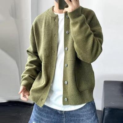 Tricô Masculino Gola Redonda Manga Longa Botões Únicos Cor Lisa Cardigan Casaco de Tricô Corte Relaxado Uso Diário Jaqueta Suéter Escolar
