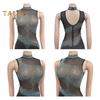 Lady Evening Dress Rhinestone Decor Mesh Patchwork Sleeveless Skinny Round Neck Wedding Party Maxi Dress for Prom Club Formal Banquet