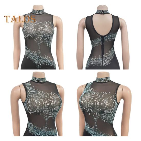Lady Evening Dress Rhinestone Decor Mesh Patchwork Sleeveless Skinny Round Neck Wedding Party Maxi Dress for Prom Club Formal Banquet