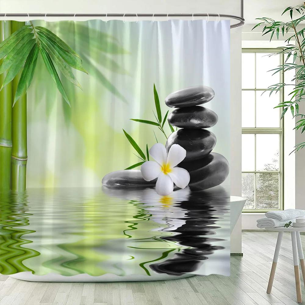Green Bamboo Zen Shower Curtains Set, Spa Stones and Orchids Flowers Polyester Fabric Bath Curtain with Hooks Bathroom Decor