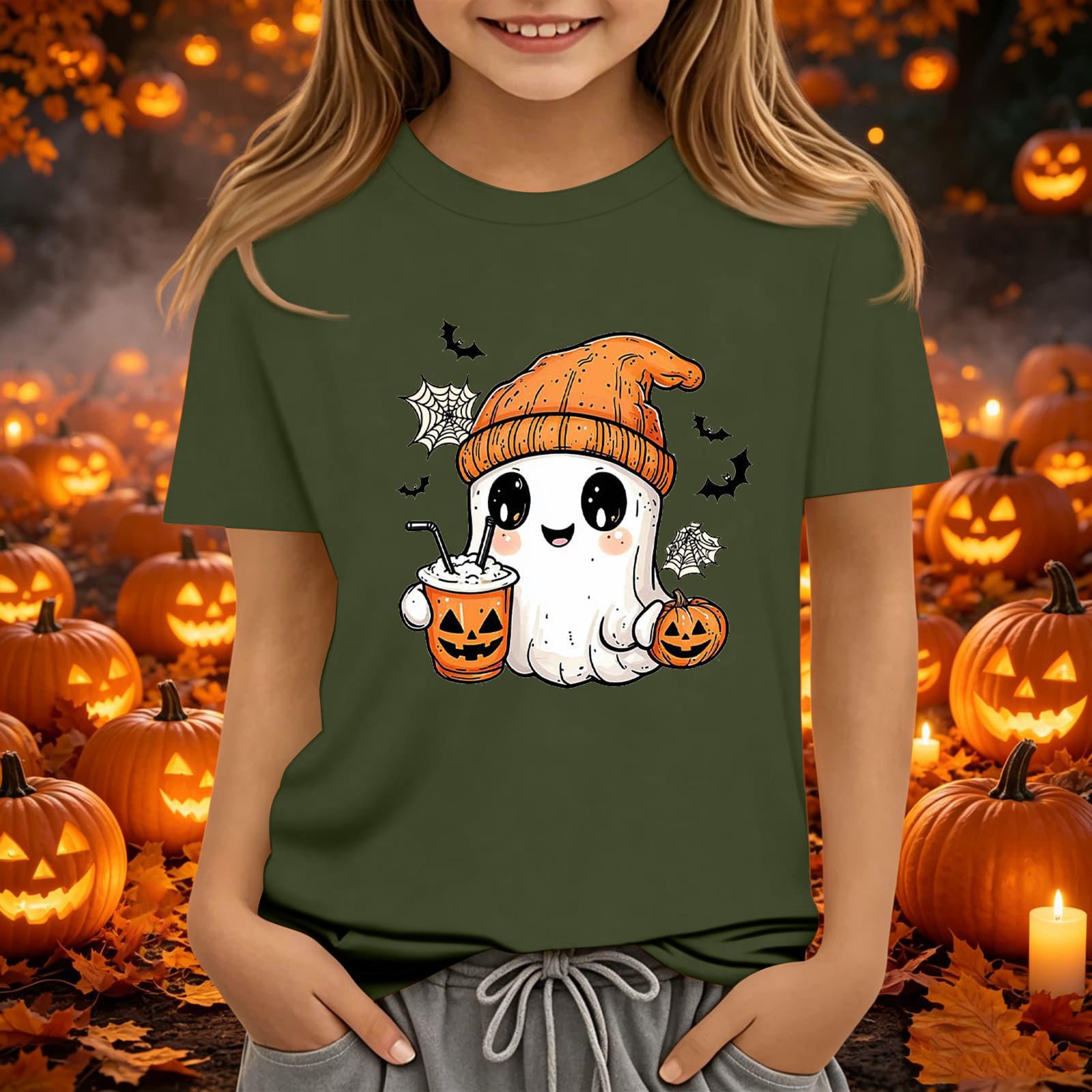 Kids Halloween Printed Neck Short Sleeve T-Shirt Loose Fit Casual Top 130