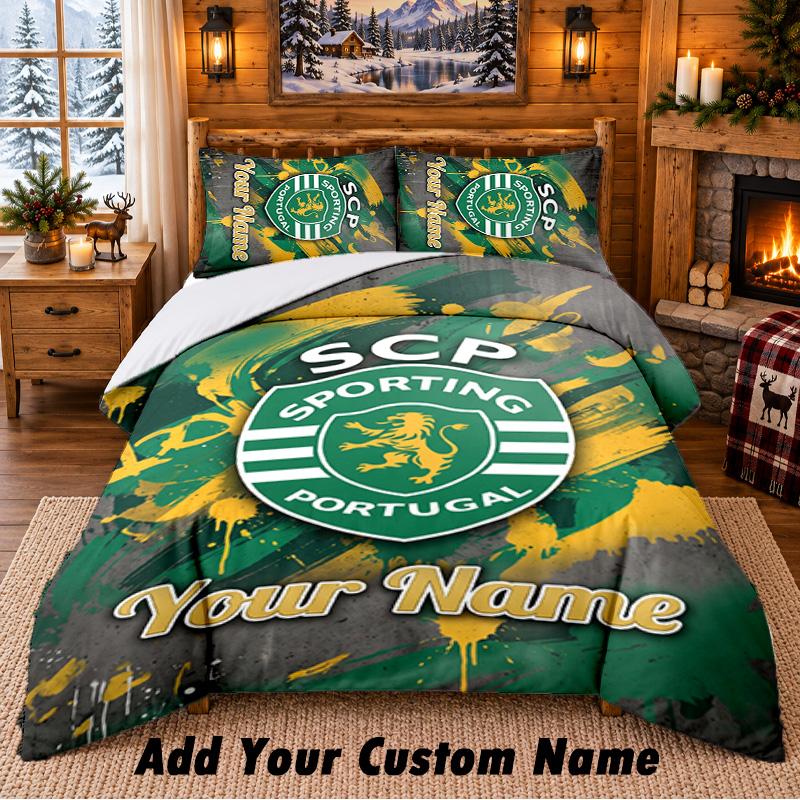 Set de așternut 3 piese cu model Sporting CP Nume personalizat, Cearșaf și Fețe de pernă Pentru Dormitorul de Acasă