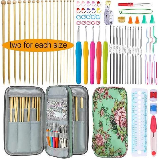 Mdoker 95pcs Knitting Needles Kit&Crochet Hooks Set 36 Straight Bamboo Knitting Needle 12 Small Size Lace Crochet Hook 5 Ergonomic Crochet Needles
