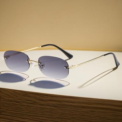 Lunettes de soleil elliptiques sans monture mode rétro pour femmes, métal de haute qualité, concaves, style INS, lunettes pour photographie de rue